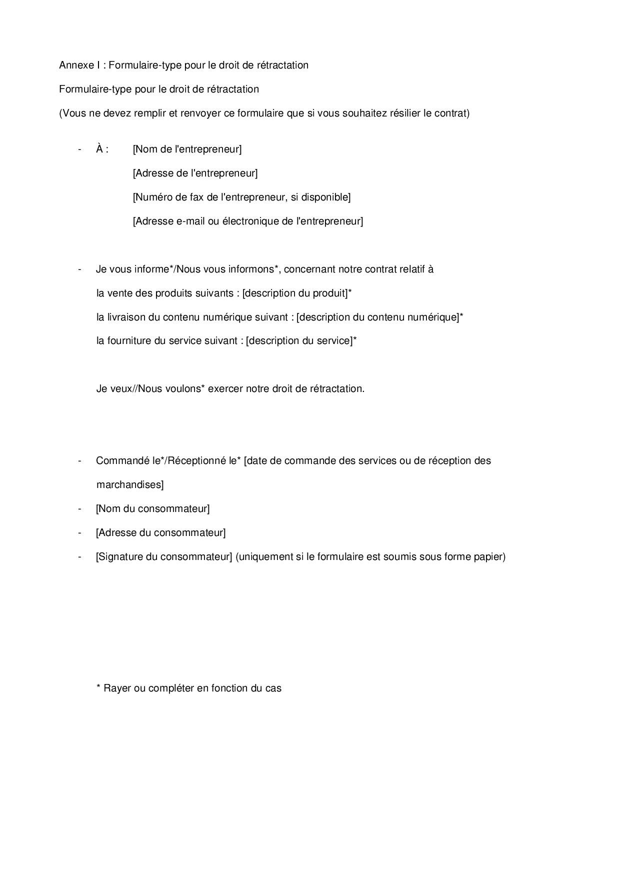Annexe I  Formulaire-type pour le droit de rétractation